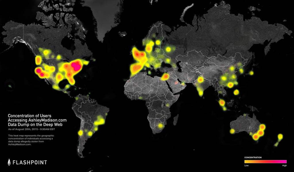 heatmap showing concentration of users accessing ashleymadison.com data dump on deep web