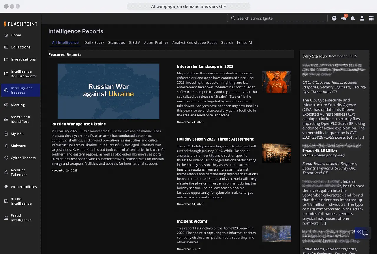 Flashpoint workspace showing on-demand intelligence answers
