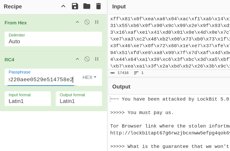 Screenshot of LockBit ransom note decrypted using RC4.