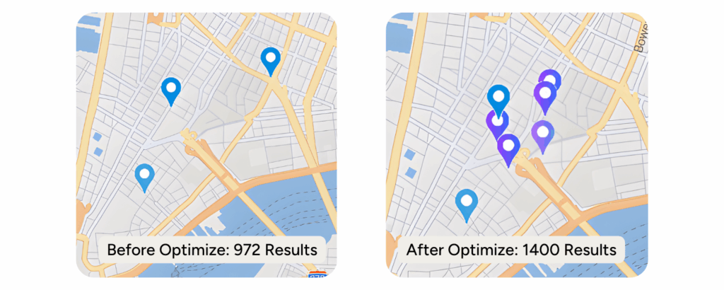 the results of Echosec Optimize on a location-based search.
