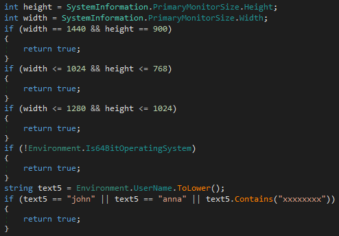 C# code in the second stage that checks for the monitor size, architecture, and username