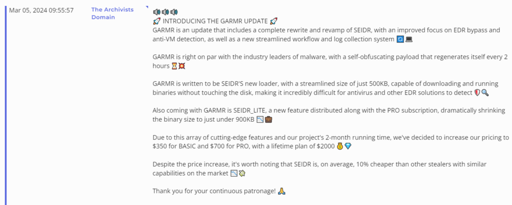 GARMR update for Seidr being advertised on an illicit forum (Source: Flashpoint Ignite)
